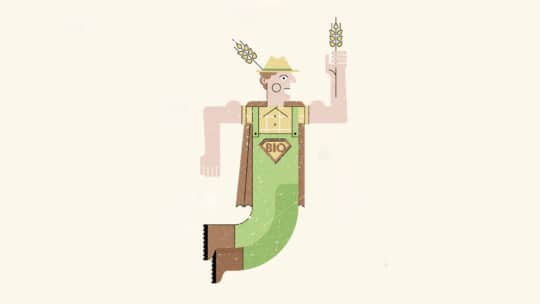 Illustration einer Person in grüner Latzhose mit der Aufschrift BIO, die einen gelben Hut mit Weizenzweigen trägt, einen Weizenstrauß hochhält und mit einem braunen Umhang und Stiefeln wie ein Superheld gekleidet ist.