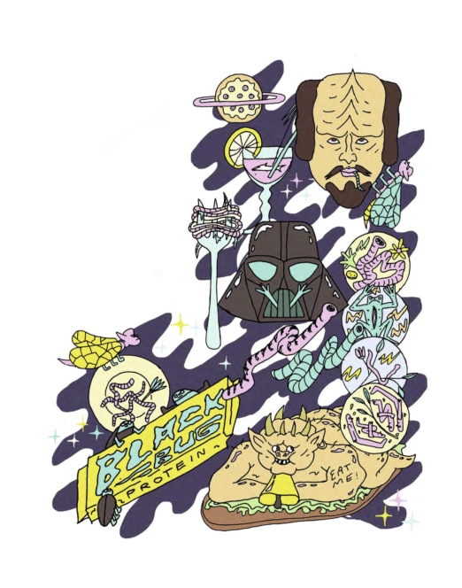 Eine farbenfrohe, surreale Collage mit einem Getränk in Form eines Planeten, einem Klingonen-Kopf, einem schmelzenden Katzenkopf, der Maske von Darth Vader, einem geflügelten Sandwich mit der Aufschrift "BLACK LUNG PROTEIN" und verschiedenen Sci-Fi-Elementen auf einem gewellten lila Hintergrund.