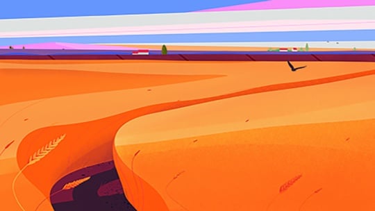 Eine farbenfrohe digitale Illustration einer weiten, orangefarbenen Landschaft mit sanften Hügeln, einem gewundenen Graben, entfernten Bäumen und kleinen Gebäuden mit roten Dächern unter einem Himmel mit pastellfarbenen lila und blauen Streifen. Ein Vogel fliegt über die Szene.