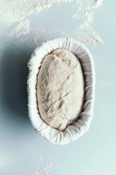 Ein runder Laib Brotteig ruht in einem mit einem Tuch ausgekleideten Gärkorb auf einer hellen, mit Mehl bestäubten Fläche, um vor dem Backen aufzugehen.