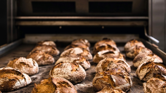 In einem Industrieofen backen auf großen Blechen mehrere runde, rustikale Brotlaibe mit knusprigen Oberseiten. Das Brot ist goldbraun und in Reihen angeordnet, was auf eine Bäckerei hindeutet.