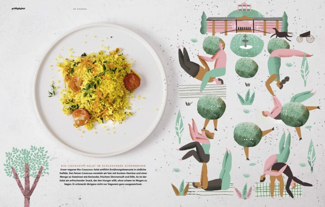 Links steht ein Teller mit gelbem Couscous-Salat mit Kirschtomaten und Grünzeug; rechts sind Menschen abgebildet, die zwischen stilisierten Bäumen und Pflanzen in einer Parklandschaft Yoga machen.