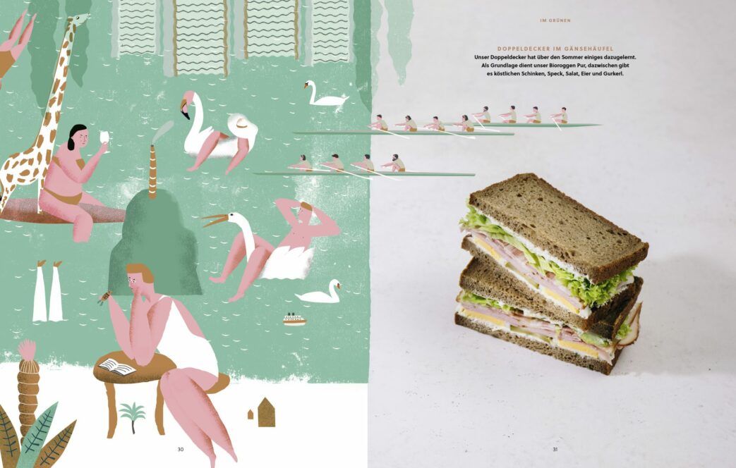 Eine skurrile Illustration von Menschen und Tieren an einem Teich auf der linken Seite, mit einem Stapel Ruderer in Booten, und auf der rechten Seite ein Doppeldeckersandwich mit Schichten von Fleisch, Käse, Salat und Tomate auf Schwarzbrot.