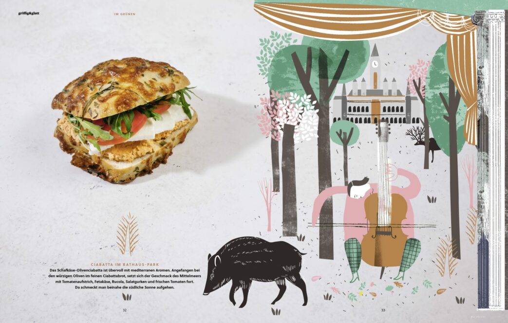 Auf der linken Seite befindet sich ein Sandwich mit Mozzarella, Tomaten und Grünzeug, während auf der rechten Seite eine Person abgebildet ist, die in einem Park mit Bäumen, einem Wildschwein und einem Schloss im Hintergrund Cello spielt.