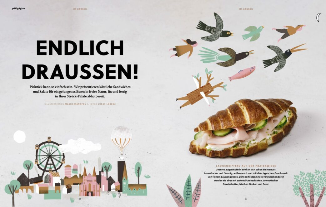 Eine collageartige Illustration mit Vögeln, Bäumen und einem Riesenrad umgibt ein Foto eines Schinken-Croissant-Sandwiches. Der große deutsche Text lautet ENDLICH DRAUSSEN! auf hellem Hintergrund.