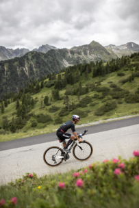Ein Radfahrer fährt auf einer Straße bergauf durch eine üppig grüne Berglandschaft mit Kiefern und entfernten Gipfeln unter einem bewölkten Himmel; im Vordergrund blühen rosa Wildblumen.