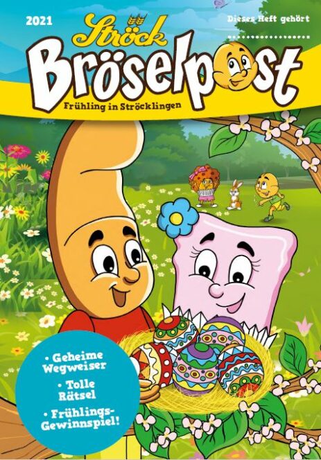 Ein buntes Cartoon-Cover zeigt eine lächelnde Brötchen- und Gebäckfigur, die einen Korb mit verzierten Ostereiern auf einer Frühlingswiese mit Blumen, Schmetterlingen und Kindern im Hintergrund hält. Der Titel der Zeitschrift lautet "Bröselpost".