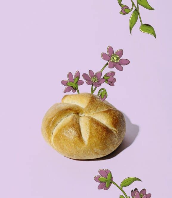 Ein rundes Brötchen liegt auf einem hellvioletten Hintergrund mit illustrierten rosa Blumen und grünen Stängeln, die aus dem Brot und den Ecken des Bildes zu wachsen scheinen.
