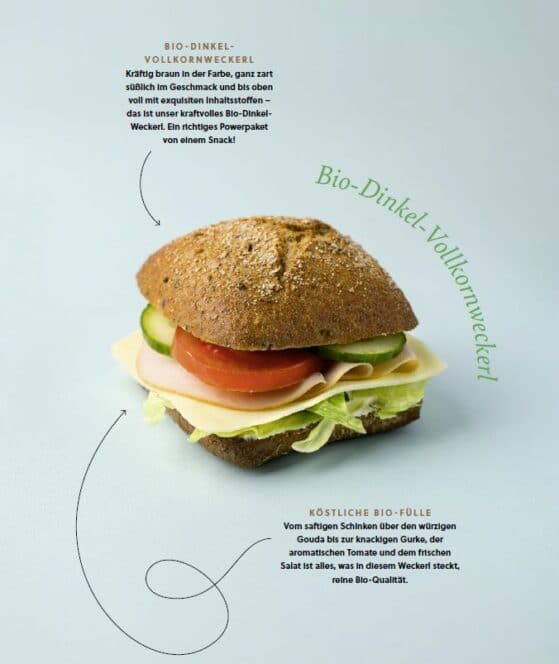 Ein Vollkornsandwichbrötchen, gefüllt mit Salat, Tomate, Käse und Fleisch, liegt auf einer blauen Fläche. Der deutsche Text beschreibt die Bio-Zutaten und hebt die frischen, gesunden Eigenschaften des Sandwichs hervor.