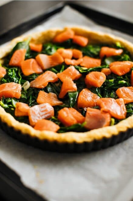 Ungebackene Tarte mit einer Teigkruste, belegt mit gehacktem rohem Lachs und verwelktem Spinat, auf Pergamentpapier in einer runden Tarteform.