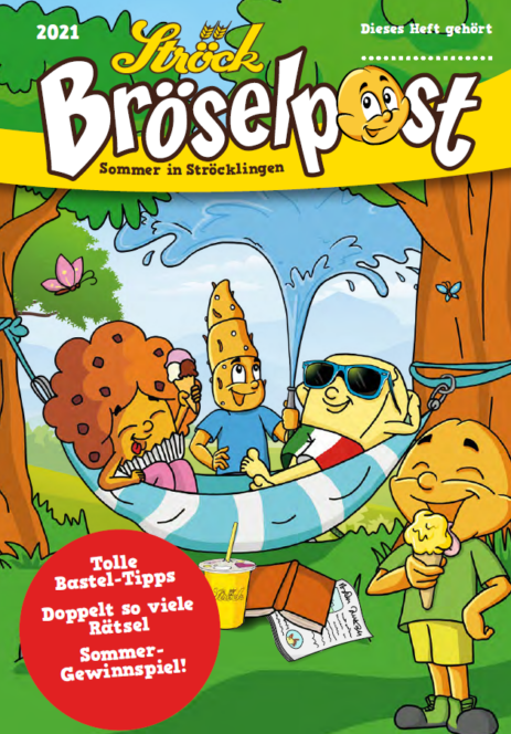 Vier fröhliche anthropomorphe Brotfiguren genießen den Sommer im Freien. Eine entspannt sich in einer Hängematte mit Sonnenbrille, eine andere nippt an einem Getränk, während zwei ein Eis essen. Der Text hebt Basteltipps, Rätsel und einen Sommerwettbewerb hervor. Die Szene ist hell und farbenfroh.