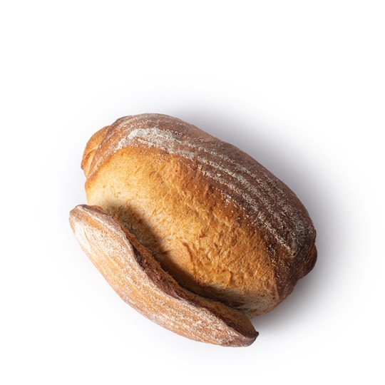Ein runder Brotlaib mit goldbrauner Kruste, teilweise aufgeschnitten, ist auf einem weißen Hintergrund platziert. Das Brot hat ein rustikales Aussehen und ist mit Mehl bestäubt.
