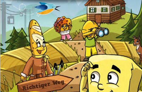 Cartoonfiguren in Form von Brot und Käse stehen auf einem Weg in der Landschaft. Eine hält ein Fernglas, eine andere ein Schild mit der Aufschrift Richtiger Weg. Ein Reh steht in der Nähe, ein Haus ist im Hintergrund, und ein Vogel fliegt darüber.