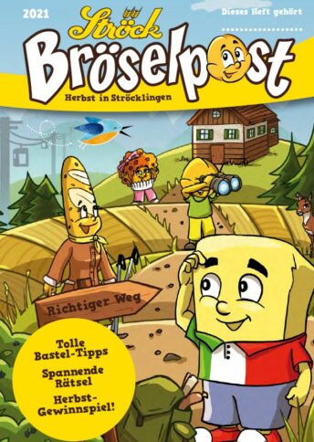 Eine fröhliche Cartoon-Brotfigur mit rotem Schal geht auf einem Weg in einer herbstlichen Landschaft spazieren, begleitet von Freunden, darunter ein Eichhörnchen und ein Muffin, mit einer Holzhütte und Bäumen im Hintergrund. Auf dem Umschlag steht ein Text in deutscher Sprache.