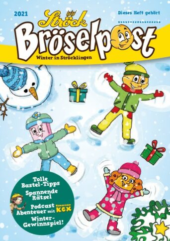 Illustrierte Titelseite einer winterlichen Kinderzeitschrift, die drei glückliche Kinder beim Schlittschuhlaufen, einen Schneemann, Schneeflocken und bunte Geschenkschachteln vor einem verschneiten Hintergrund zeigt. Der deutsche Text enthält Schlagzeilen und den Titel Bröselpost.