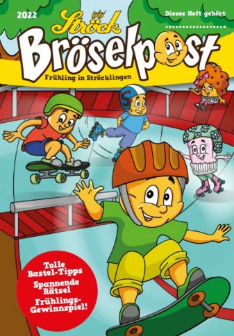 Ein farbenfrohes Comic-Cover zeigt einen lächelnden Jungen mit einem orangefarbenen Helm, der in einem Skatepark Skateboard fährt, während animierte Bäckereifiguren skaten und jubeln. Der Titel lautet "Bröselpost" und ist mit frühlingshaften Motiven verziert.