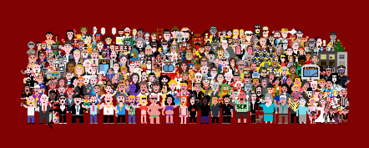 Eine große Gruppe von verpixelten Figuren im Cartoon-Stil aus verschiedenen Filmen, Fernsehsendungen und Popkulturen steht zusammen vor einem roten Hintergrund. Die Figuren sind vielfältig und farbenfroh gestaltet.
