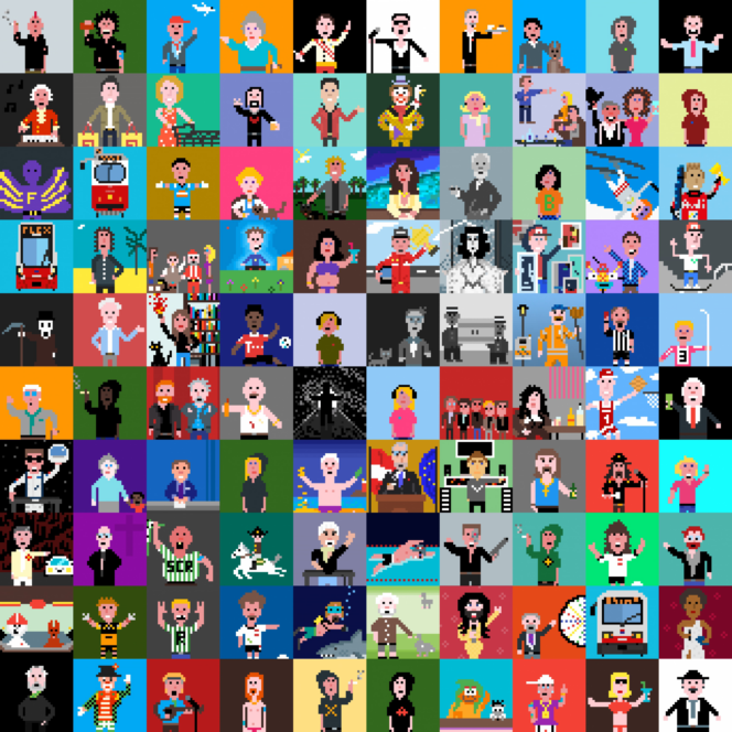 Ein farbenfrohes Raster von Pixel-Art-Figuren, jede in einem eigenen Quadrat, das verschiedene Menschen, Tiere und Szenen darstellt. Der Gesamtstil ist verspielt und retro, wobei jedes Quadrat unterschiedliche Farben und Themen aufweist.