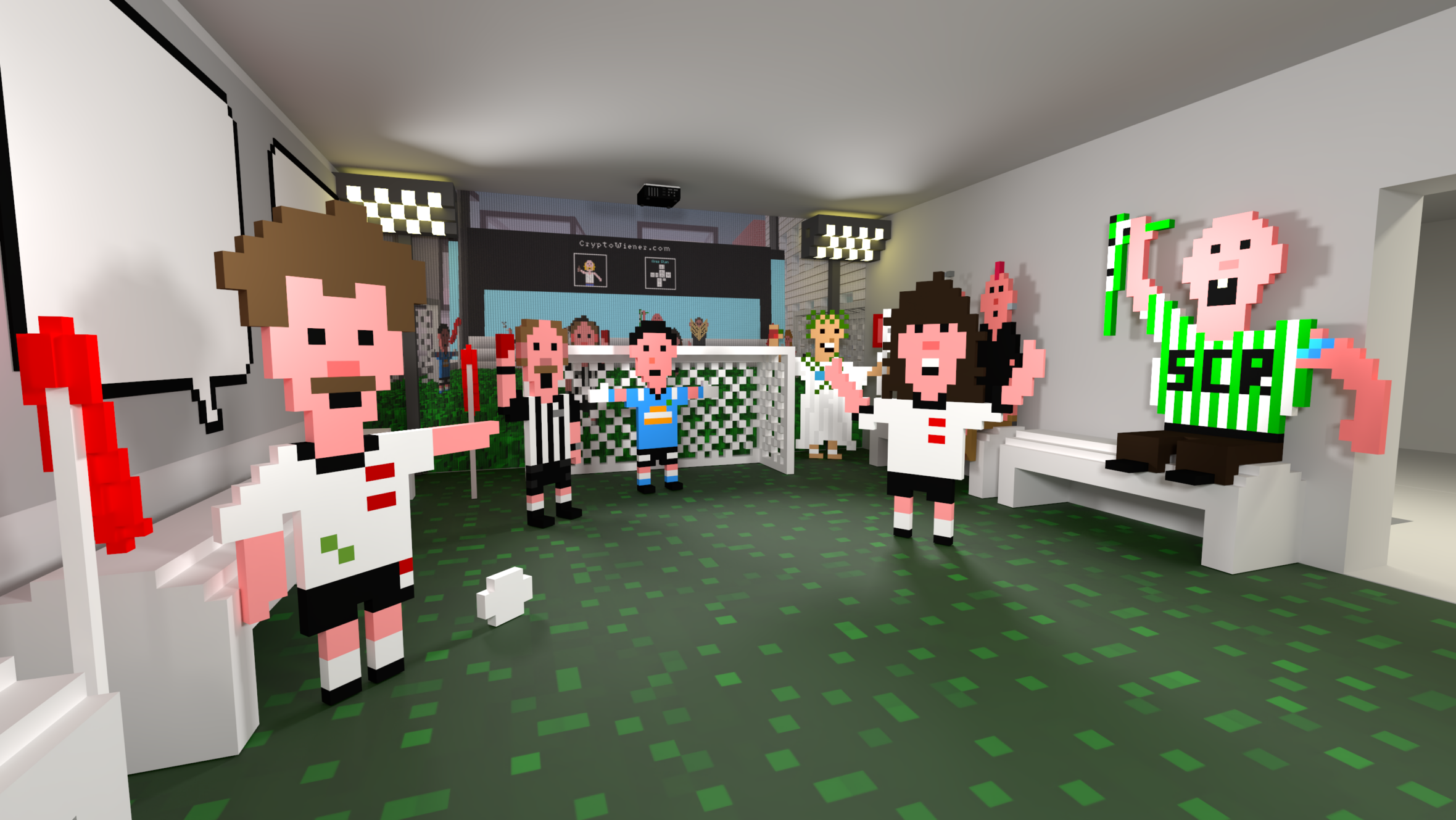 Pixel-Art-Szene von fünf Personen in einer Umkleidekabine, die feiern, mit Fußballtoren im Hintergrund. Eine Figur trägt ein gestreiftes grünes SCP-Trikot und jubelt auf einer Bank; die anderen tragen verschiedene Fußballtrikots und gestikulieren aufgeregt.
