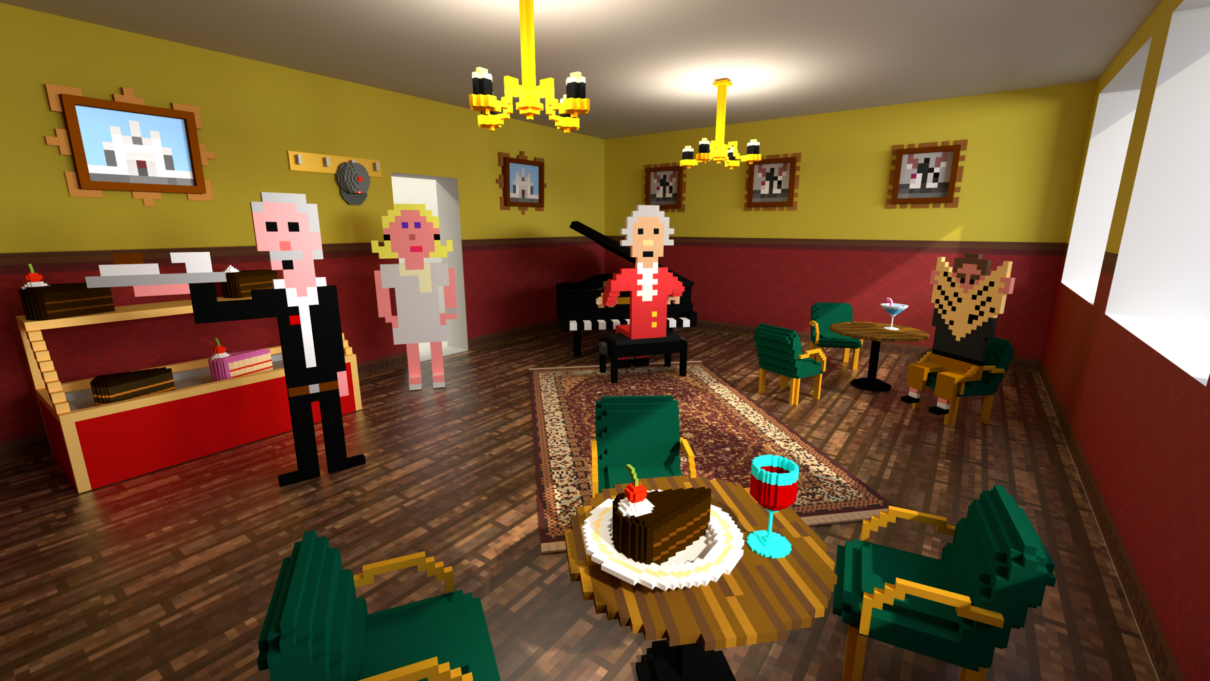 Ein Raum im Pixel-Art-Stil mit vier Personen: zwei stehen neben einem Klavier und zwei sitzen an Tischen. Der Raum hat gelbe und rote Wände, gerahmte Bilder, Kronleuchter und Essen auf den Tischen.