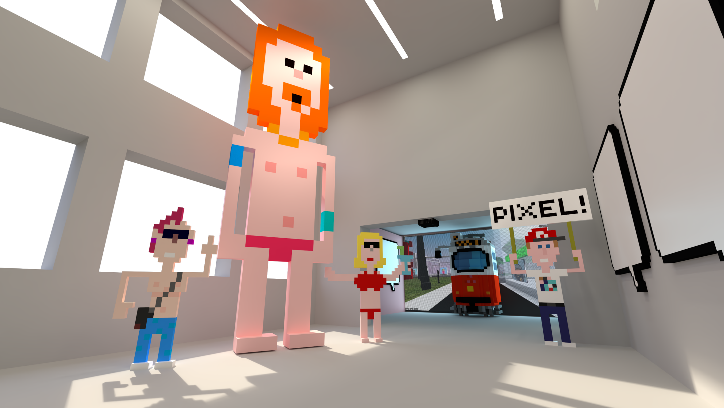 Eine Gruppe von verpixelten Figuren steht in einem modernen, sonnendurchfluteten Raum. Eine Figur ist eine hoch aufragende Gestalt mit orangefarbenem Haar. Andere, darunter jemand, der ein PIXEL!-Schild hält, posieren in der Nähe. Ein rotes Fahrzeug ist durch eine offene Tür zu sehen.