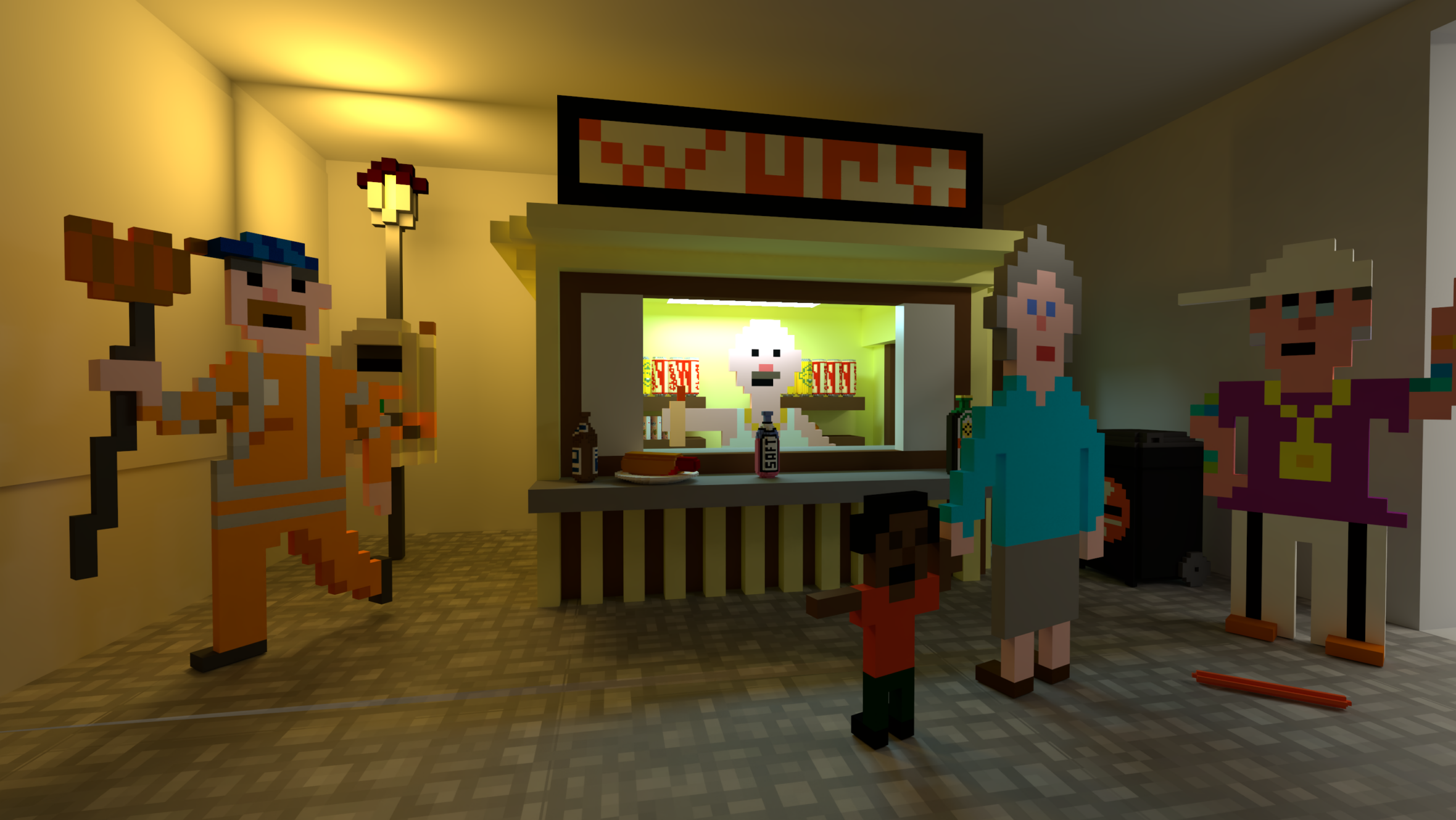 Eine Pixel-Art-Szene mit einem Hotdog-Stand, einem Verkäufer im Inneren und vier blockhaften Figuren draußen: ein Arbeiter mit einem Besen, eine ältere Frau, die die Hand eines Kindes hält, und eine weitere Person, die gestikuliert. Die Umgebung ist hell beleuchtet.
