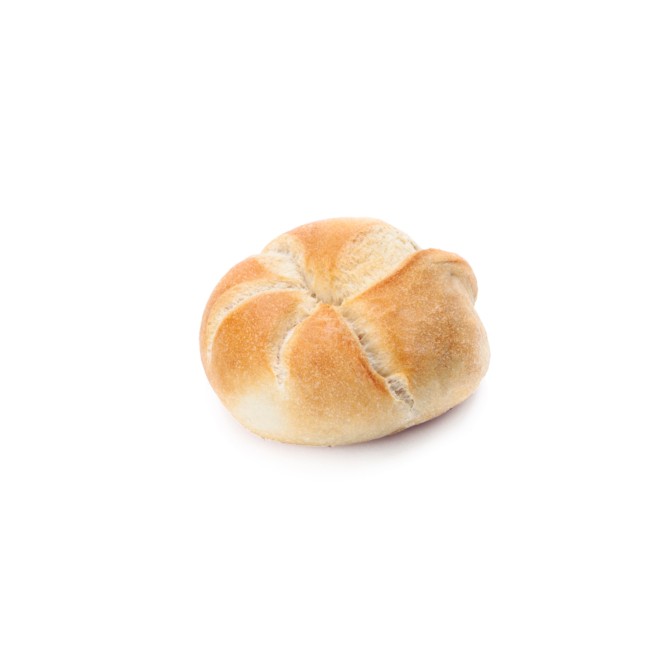 Ein rundes, goldbraunes Brötchen mit einer leicht knusprigen Außenseite und fünf verschiedenen Segmenten, isoliert auf einem weißen Hintergrund.