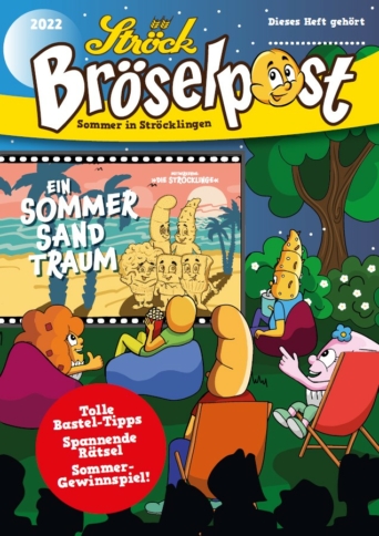 Zeichentrickfiguren sehen sich nachts einen Film im Freien an. Auf dem Bildschirm sind Sandburgenfiguren zu sehen. Die Szene ist bunt und fröhlich, mit Bäumen, dem Mond und Sternen am Himmel. Auf dem Umschlag sind ein deutscher Text und ein gelbes Maskottchen zu sehen.