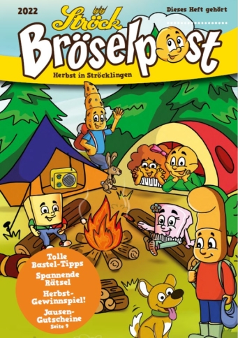 Cartoon-Brot- und Gebäckfiguren sitzen um ein Lagerfeuer in einem Waldcampingplatz, rösten Brot und spielen Musik. Im Hintergrund sind ein Zelt und Bäume zu sehen. Der Text oben lautet Ströck Bröselpost Herbst in Ströcklingen.