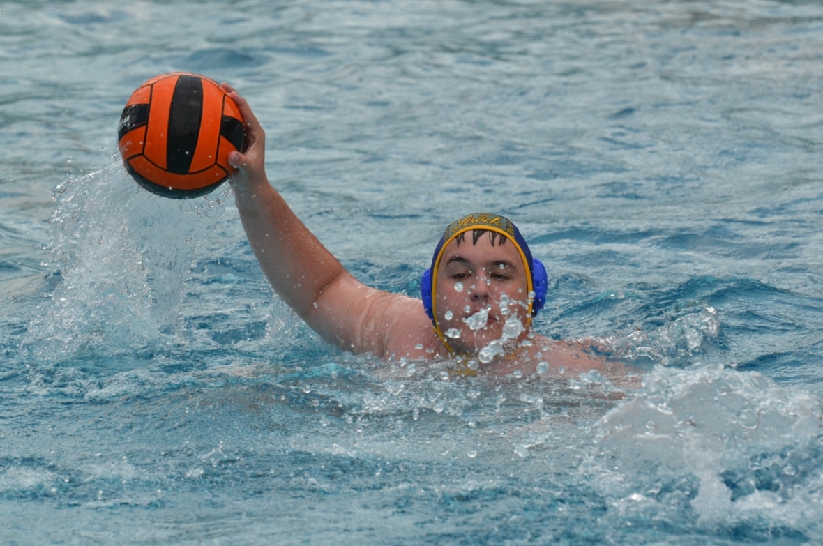 Ein Wasserballspieler mit einer blau-gelben Mütze hebt mit einer Hand einen orange-schwarzen Ball über das Wasser, während er in einem von spritzendem Wasser umgebenen Becken schwimmt.