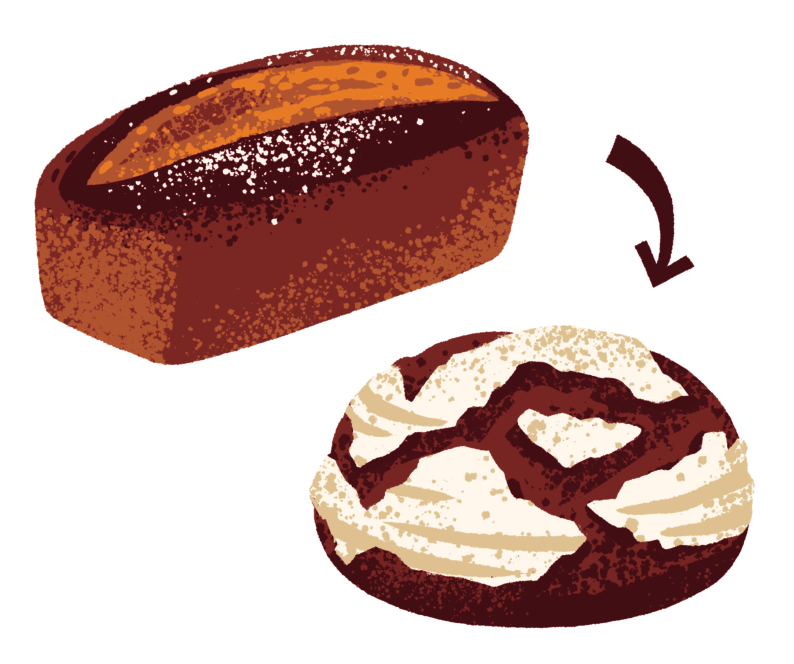 Illustration eines rechteckigen Brotlaibs über einem runden Laib mit aufgesprungener Kruste, verbunden durch einen nach unten gerichteten Pfeil, der den Übergang von einer Brotform zur anderen zeigt.