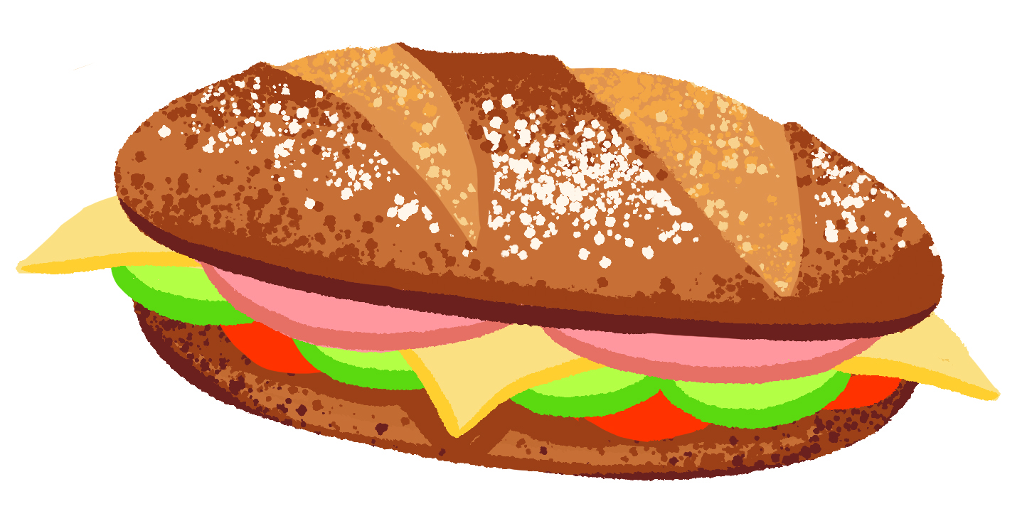 Illustration eines Sandwichs mit einem knusprigen, braunen Brötchen, gefüllt mit Schichten von Käse, grünem Salat, Tomatenscheiben und rosa Wurstwaren.
