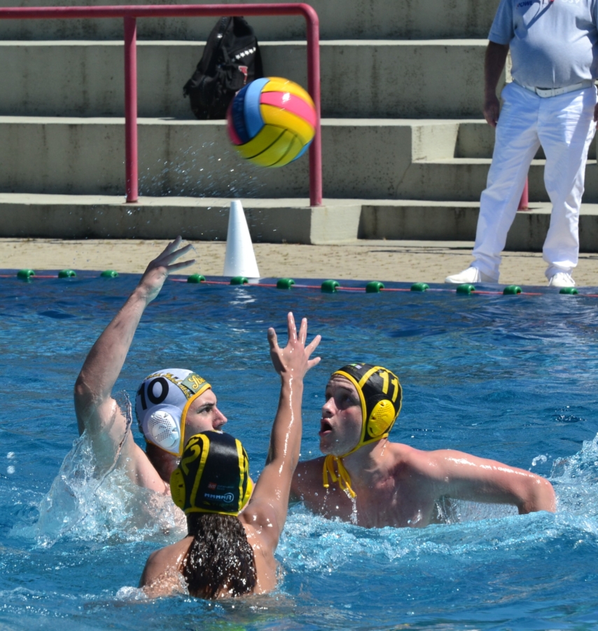 Drei Wasserballspieler greifen nach einem bunten Ball in einem Schwimmbecken. Zwei Spieler mit gelben Kappen stehen einem Spieler mit einer weißen Kappe gegenüber. Ein Trainer oder Schiedsrichter steht am Beckenrand, mit Stufen und einer Tasche im Hintergrund.