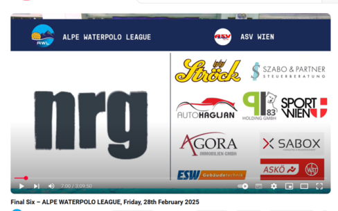 Ein Screenshot zeigt die Sponsorenlogos für die Alpe Waterpolo League, darunter Ströck, Szabo & Partner, nrg, Sport Wien, Auto Haguan, Agora, SABOX, ASKÖ, ESW und Q Holding.