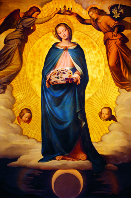 Ein religiöses Gemälde, das die Jungfrau Maria auf Wolken stehend darstellt, umgeben von goldenem Licht und Engeln, die einen Laib Obstkuchen halten. Darunter erscheinen zwei Putten, die nach oben blicken.