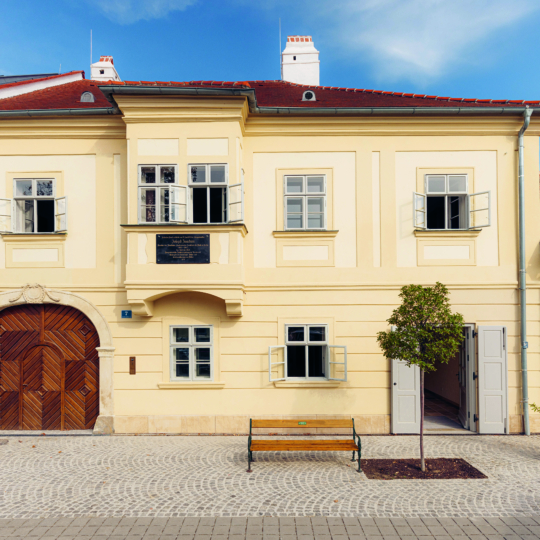 Ein cremefarbenes historisches Gebäude mit rotem Ziegeldach, gewölbten Holztüren, offenen Fenstern und einer Gedenktafel über dem Eingang. Eine Bank und zwei kleine Bäume stehen auf der Kopfsteinpflasterstraße davor.