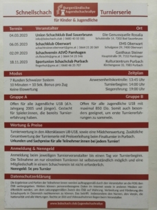Ein gedruckter Zeitplan listet Termine, Organisatoren und Orte für eine Jugendschachturnierserie im Burgenland, Österreich, auf. Er enthält Einzelheiten über Modi, Gruppen, Preise, Anmeldeinformationen und Datenschutzhinweise in deutscher Sprache.