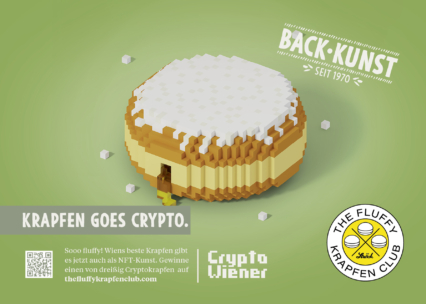 Ein Krapfen-Gebäck im Pixel-Art-Stil mit Puderzucker ist wie eine digitale Münze geformt. Der Text lautet "Krapfen goes crypto", mit einem QR-Code und Logos für den Fluffy Krapfen Club und Crypto Wiener.