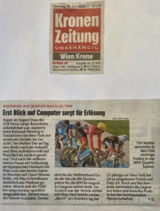 Eine deutsche Zeitungsseite zeigt eine Schlagzeile, ein Foto von Radrennfahrern und einen Artikel über Tim Waflers Radsportleistung in New York. Das Foto zeigt Radfahrer in farbenfroher Ausrüstung während eines Wettkampfs.