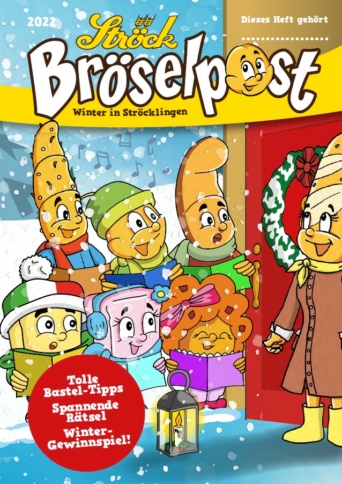 Eine Gruppe von animierten Brotfiguren in Winterkleidung steht vor einer roten Tür mit einem Kranz. Es schneit, und sie lächeln, halten Geschenke in der Hand und begrüßen eine Vogelfigur, die die Tür öffnet.