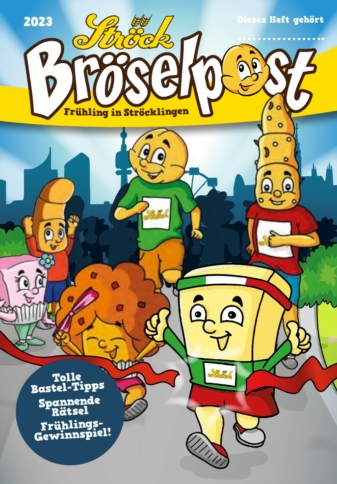 Cartoon-Brot-, Gebäck- und Käsefiguren laufen in einem Rennen, lächeln und tragen nummerierte Startnummern. Die Szene ist fröhlich und farbenfroh, mit einem blauen Himmel und dem Titel Bröselpost am oberen Rand. Textblasen werben für Tipps und Wettbewerbe.