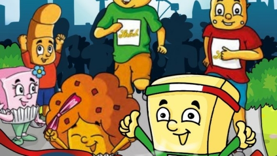 Cartoon-Figuren aus der Lebensmittelbranche, darunter ein Butterstäbchen, ein Muffin, Makkaroni und andere, laufen ein Rennen im Freien. Das Butterstäbchen überquert die Ziellinie als erstes und lächelt, während die anderen Figuren jubeln und hinterherlaufen. Im Hintergrund sind Bäume und eine Skyline zu sehen.