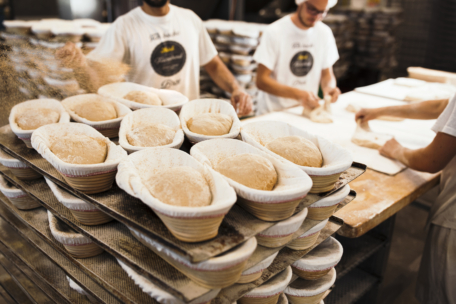 In einer Bäckerei stapeln sich die mit Teig gefüllten Gärkörbe auf Tabletts, während im Hintergrund Bäcker in weißen Hemden auf einem Holztisch den Brotteig formen.