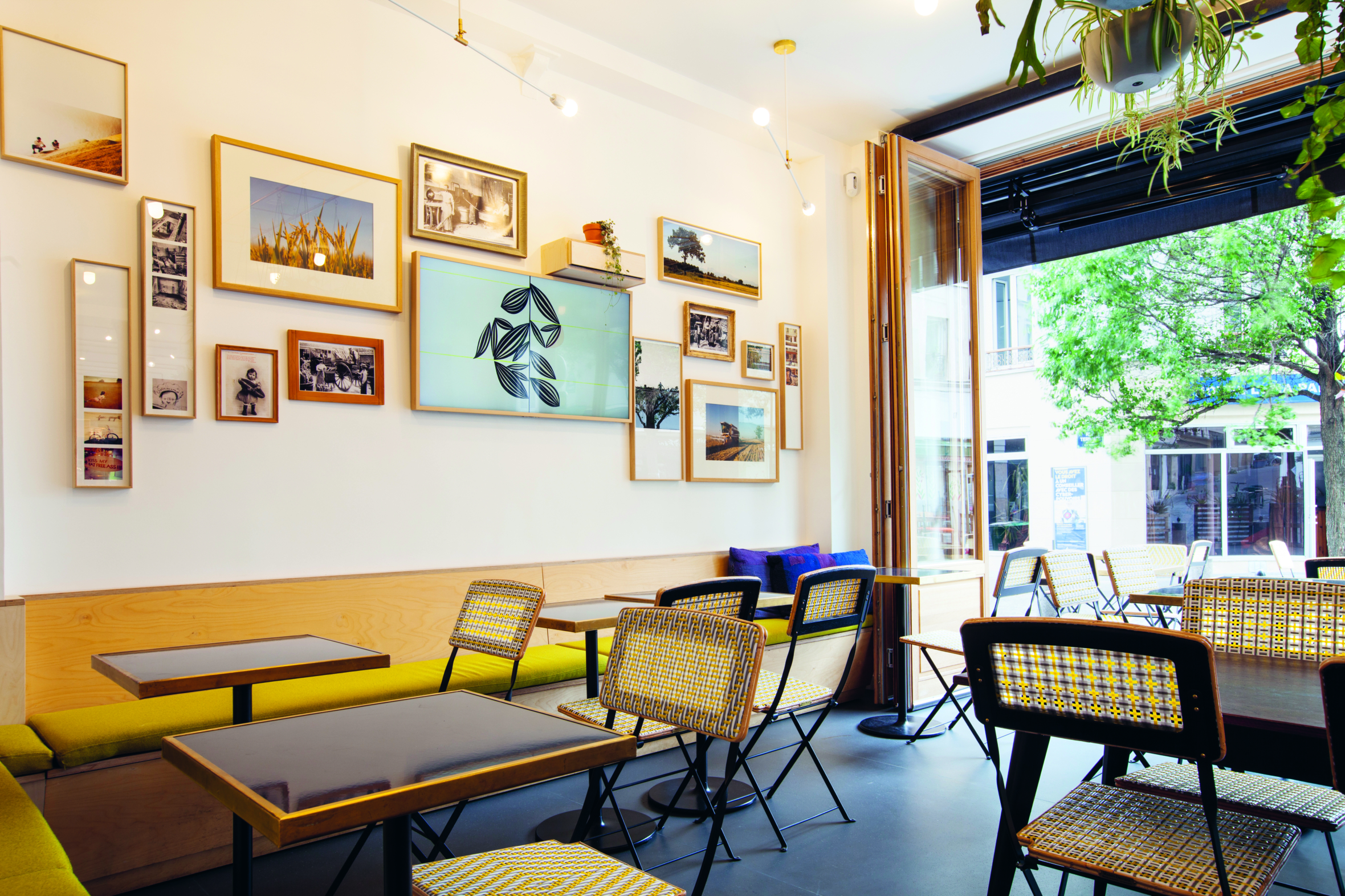 Ein gemütliches, modernes Café mit gelben gepolsterten Bänken, schwarzen Tischen und geflochtenen Stühlen. Kunst und Fotos schmücken die weißen Wände. Große Fenster lassen natürliches Licht herein, und von der Decke hängen Grünpflanzen.