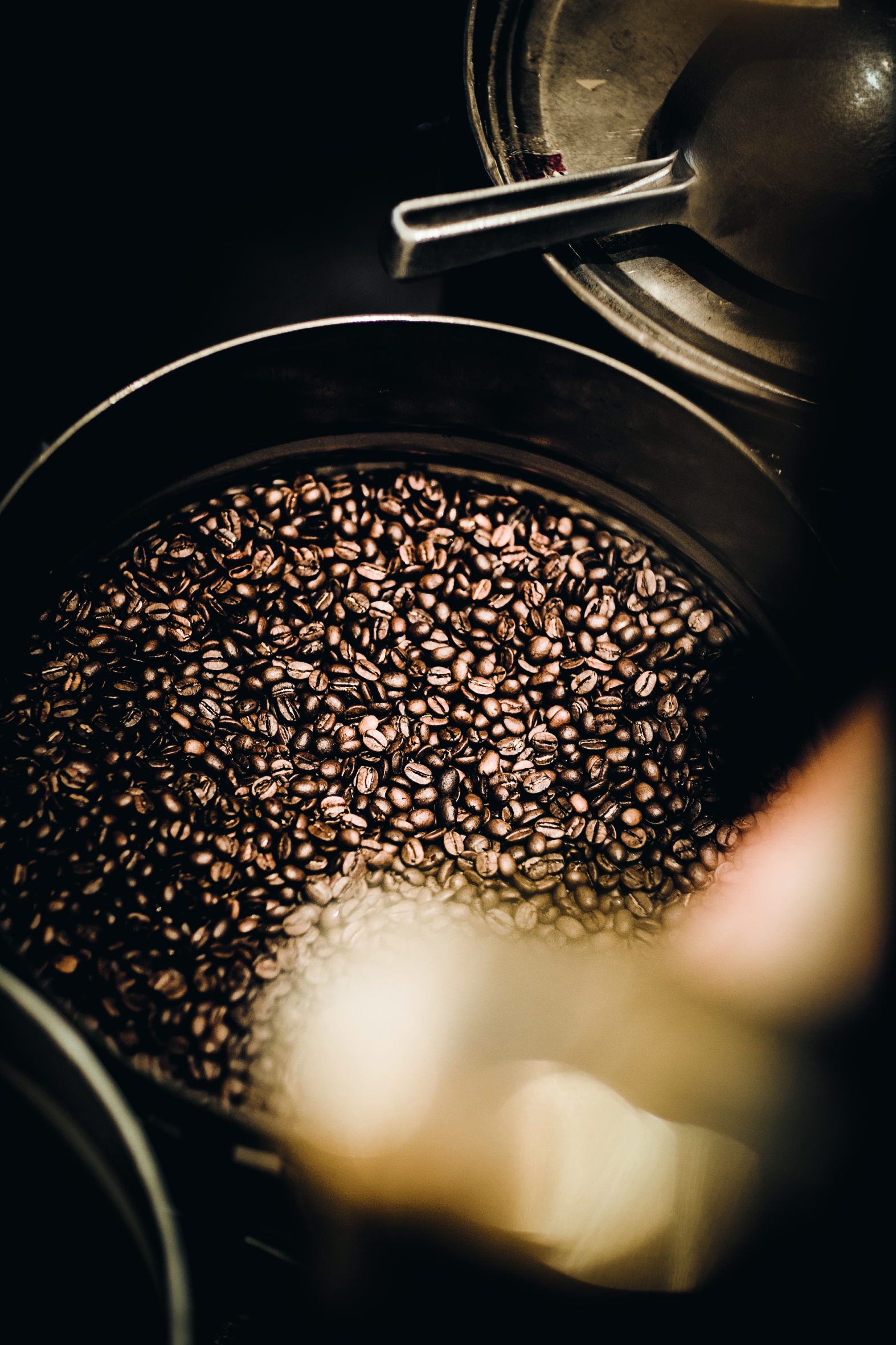 Eine Nahaufnahme von gerösteten Kaffeebohnen in einem Metallbehälter, wobei einige Brühvorrichtungen an den Rändern teilweise sichtbar sind. Die Beleuchtung ist warm und konzentriert sich auf die glänzenden Bohnen.