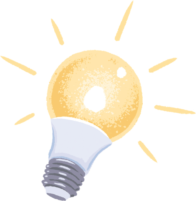 Eine handgezeichnete Illustration einer leuchtenden gelben Glühbirne mit Lichtstrahlen, die nach außen strahlen und eine helle Idee oder Inspiration symbolisieren.