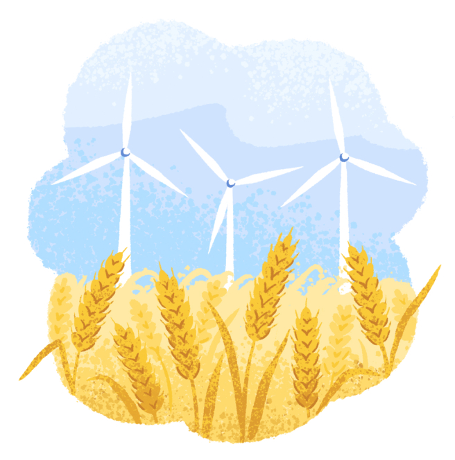 Illustration von drei Windturbinen in einem blauen Himmel hinter einem goldenen Weizenfeld als Symbol für erneuerbare Energien und Landwirtschaft.