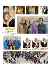 Eine Fotocollage von einer Ströck-Veranstaltung am 18. Mai 2023, die lächelnde Menschen, Kinder mit Gebäck, posierende Frauen, eine große Menschenmenge im Freien und Bäcker mit Brot zeigt. Fotos von Sabine König.