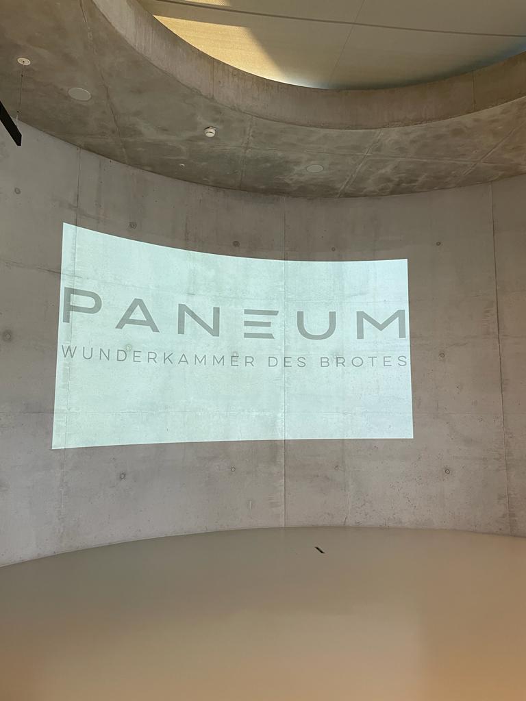 Eine Projektion auf einer gebogenen Betonwand zeigt den Text PANEUM WUNDERKAMMER DES BROTES in großer, moderner Schrift. Der Raum wirkt minimalistisch und gut beleuchtet.