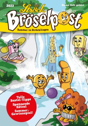 Cartoon-Brot- und Gebäckfiguren spielen im Sommer an einem Pool, planschen und genießen die Sonne. Die Titelseite des Magazins trägt den Titel Bröselpost mit fröhlichen Gesichtern und hellen Farben und enthält Informationen über Aktivitäten und Wettbewerbe.
